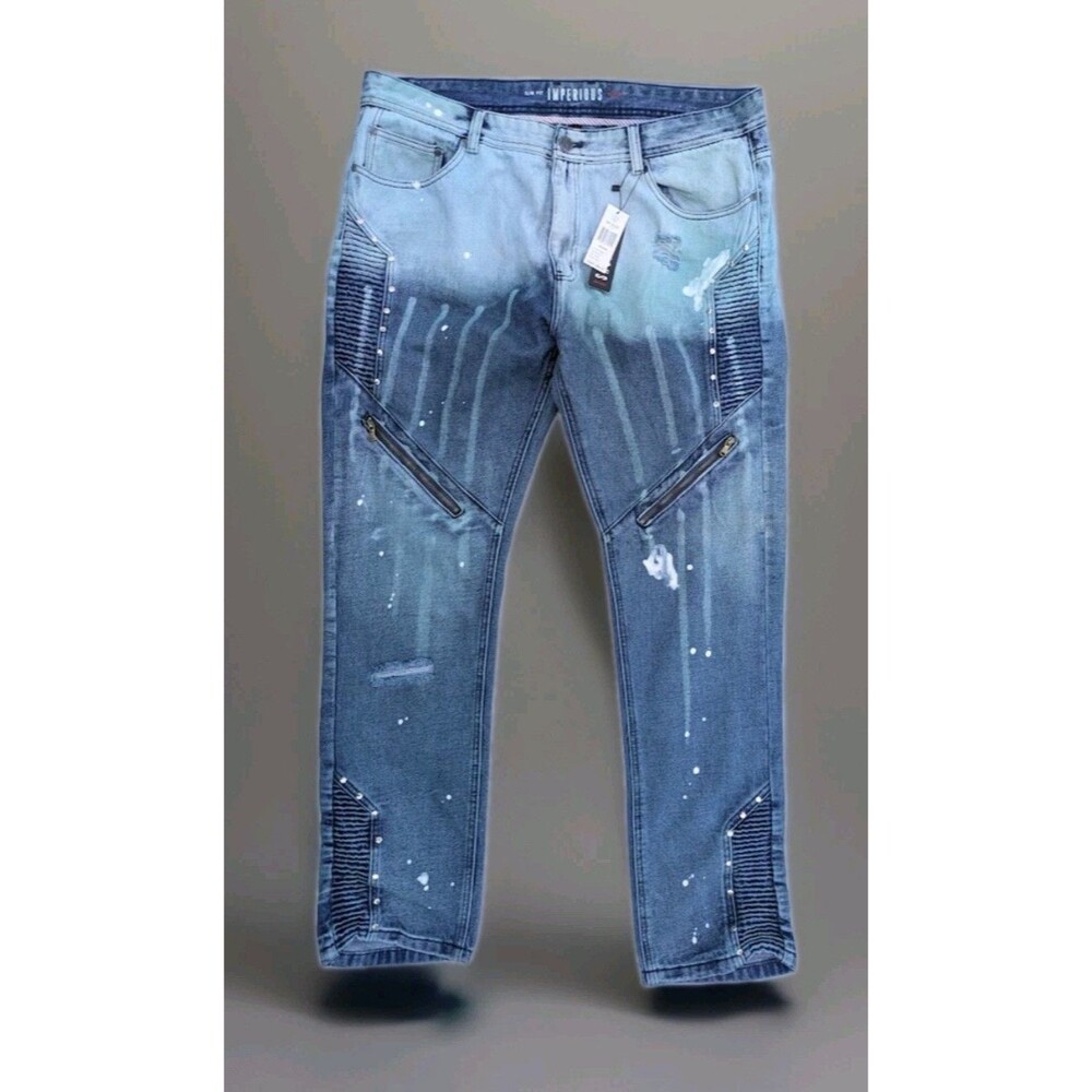Imperious Mens  Slim Fit Blue Distressed Acid Wash Jeans 134729 Size: 40-42
